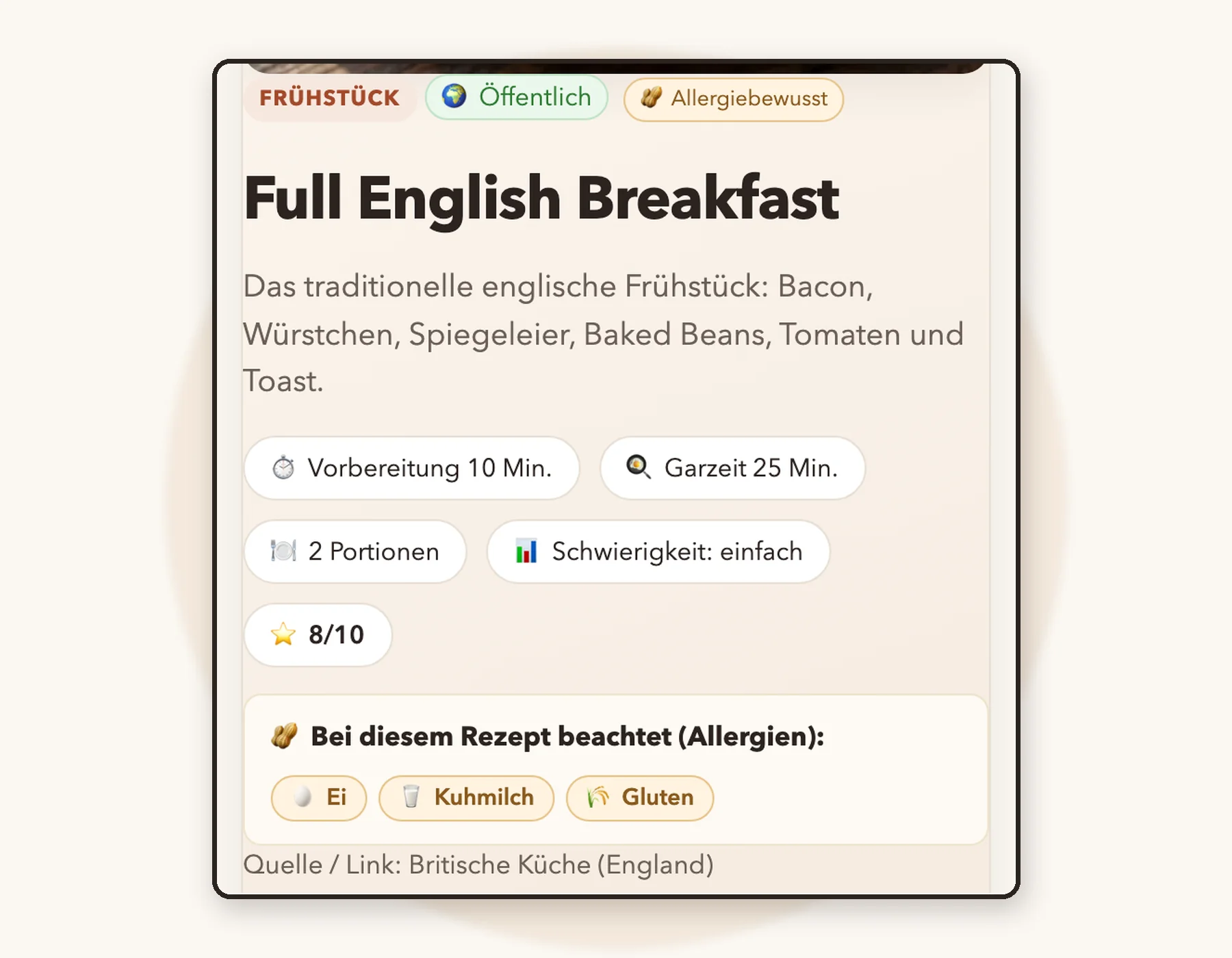 Echter Screenshot eines Rezepts mit dem Badge „Allergiebewusst“ und der Zeile „Bei diesem Rezept beachtet (Allergien): Ei, Kuhmilch, Gluten“.