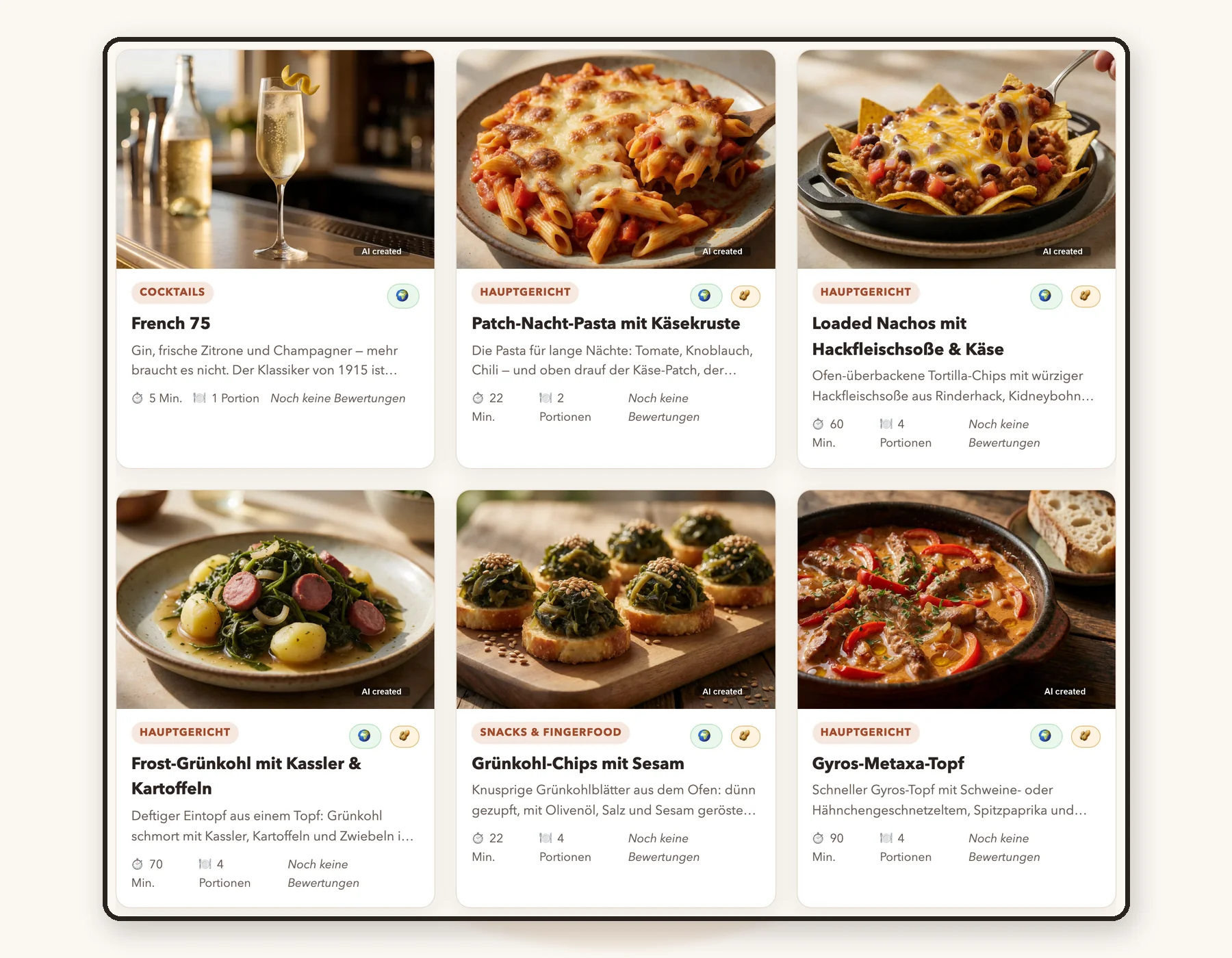 Echter Screenshot der Rezeptübersicht: sechs Rezeptkarten mit Foto, Kategorie und Titel.
