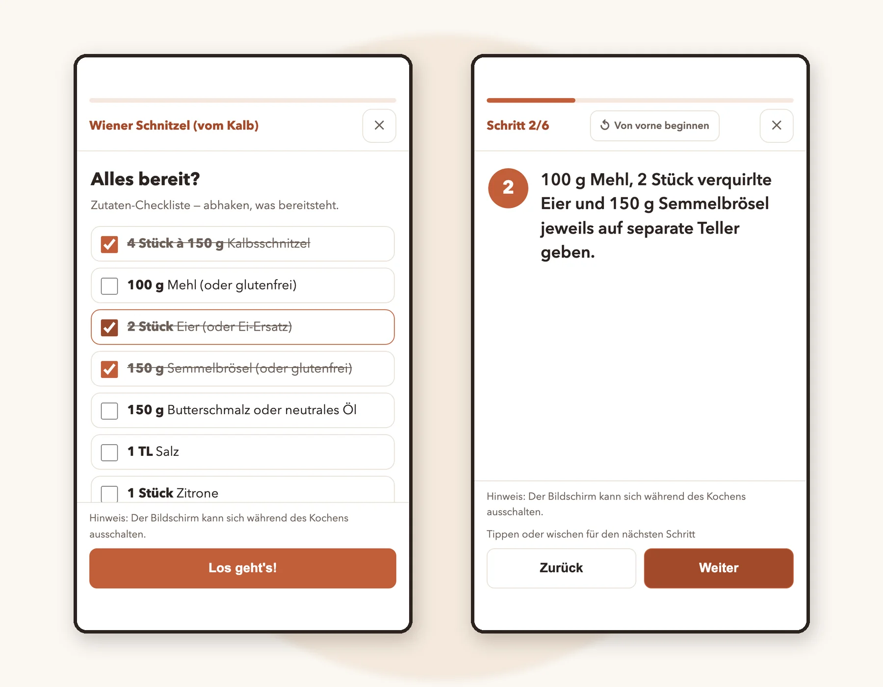 Echter Screenshot des Kochmodus: Zutaten-Checkliste mit drei von sieben abgehakten Zutaten und der große Schritt 2 von 6 mit Fortschrittsbalken.