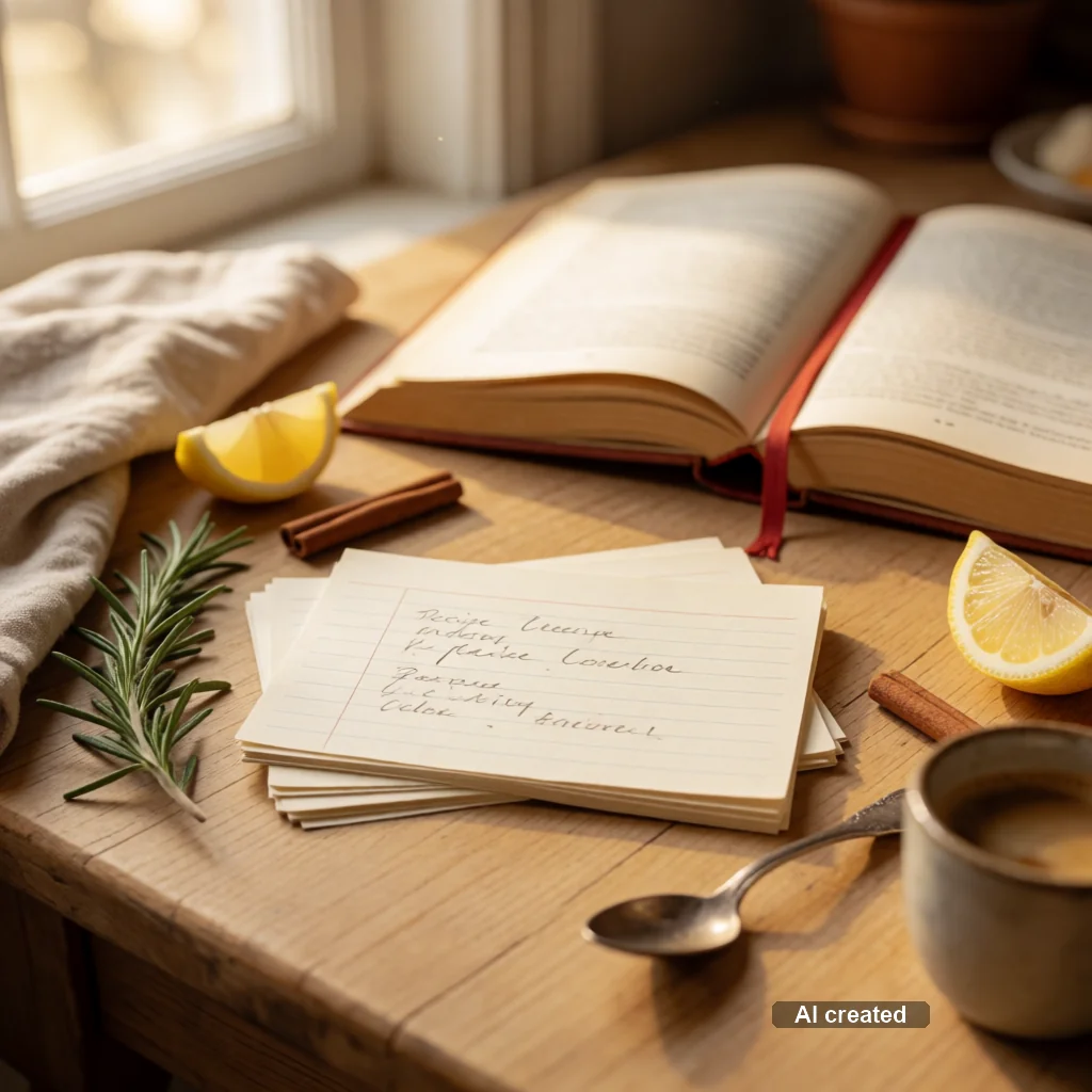 Handschriftliche Rezeptkarte und aufgeschlagene Kochbuchseite auf einem warmen Holztisch im Tageslicht.