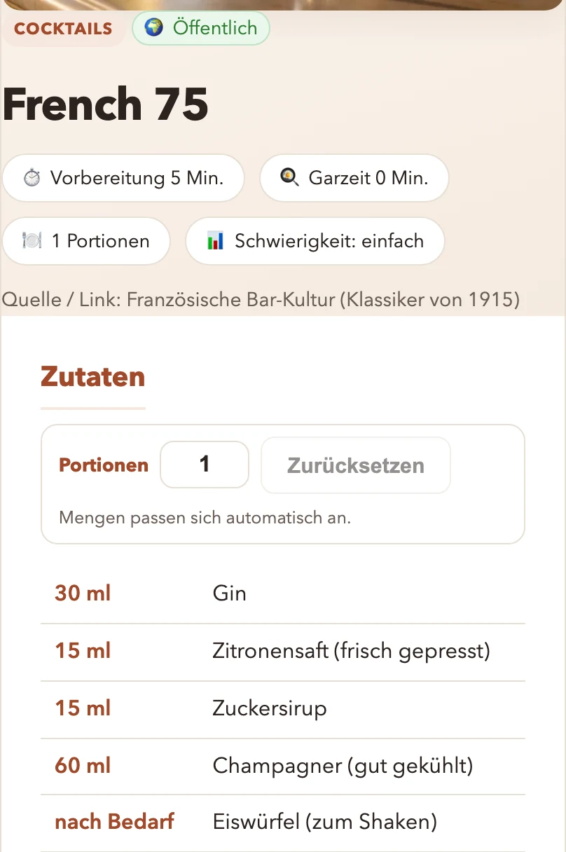 App-Ansicht eines erkannten Rezepts: Titel, Angaben zu Zeit, Portionen und Schwierigkeit sowie die Zutatenliste.