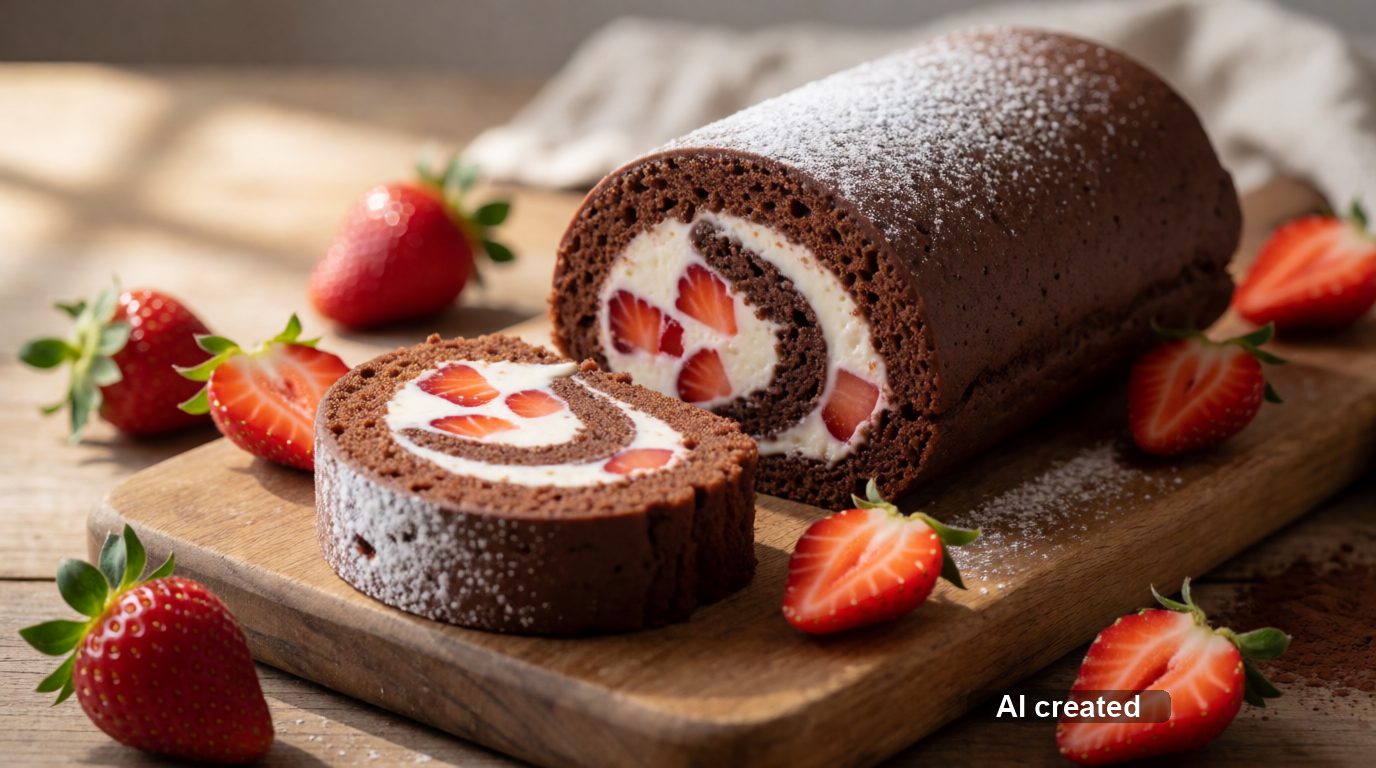 Schoko-Biskuitrolle mit Erdbeeren (vegan)